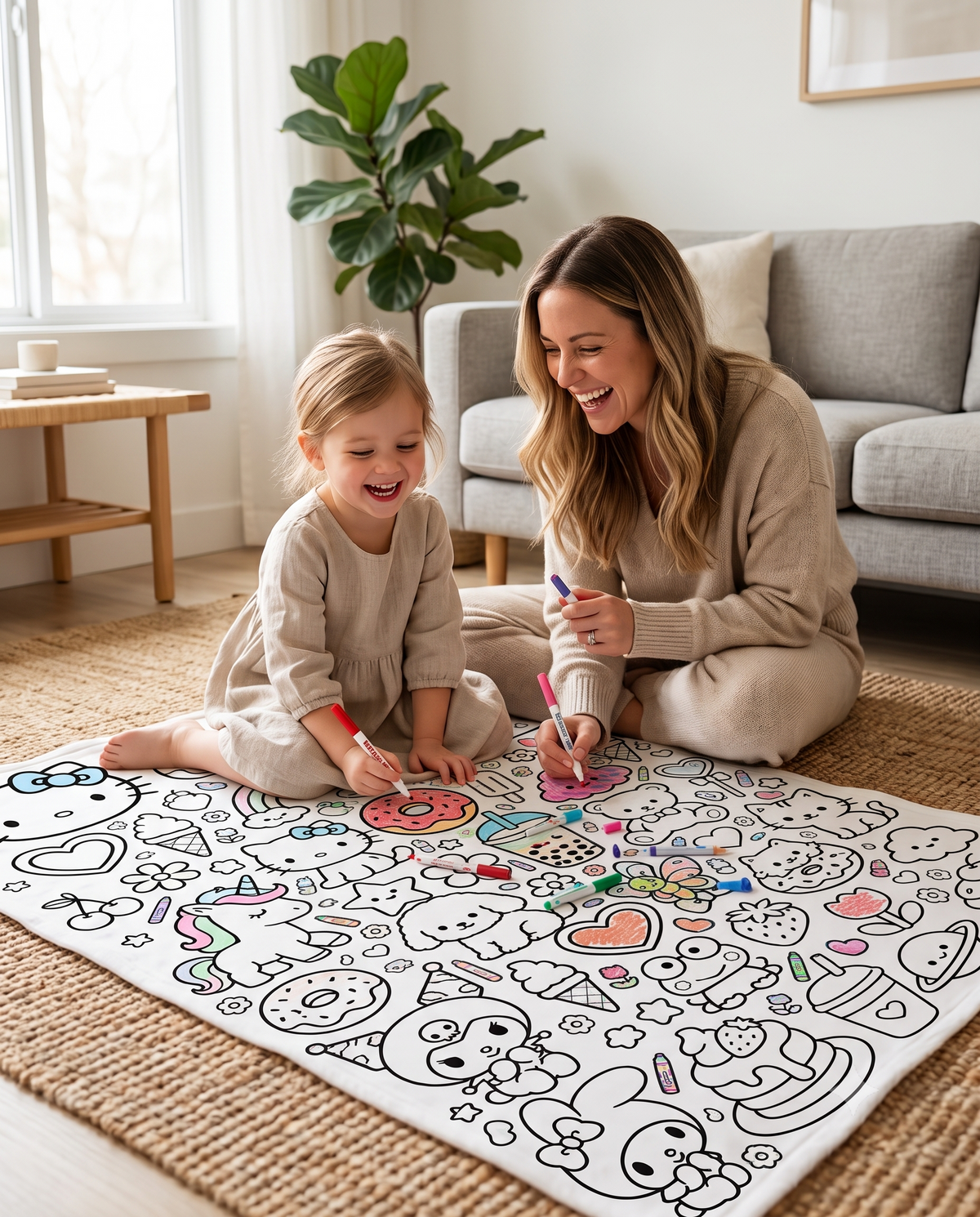 Anne ve çocuğun birlikte Coloria boyanabilir battaniyeyi boyaması